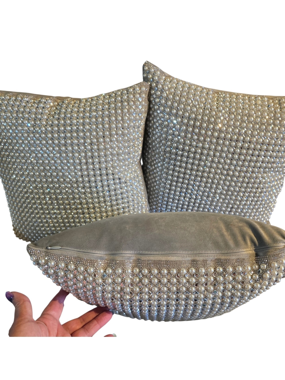 Pearl-Embellished Accent Pillow Trio - Silver